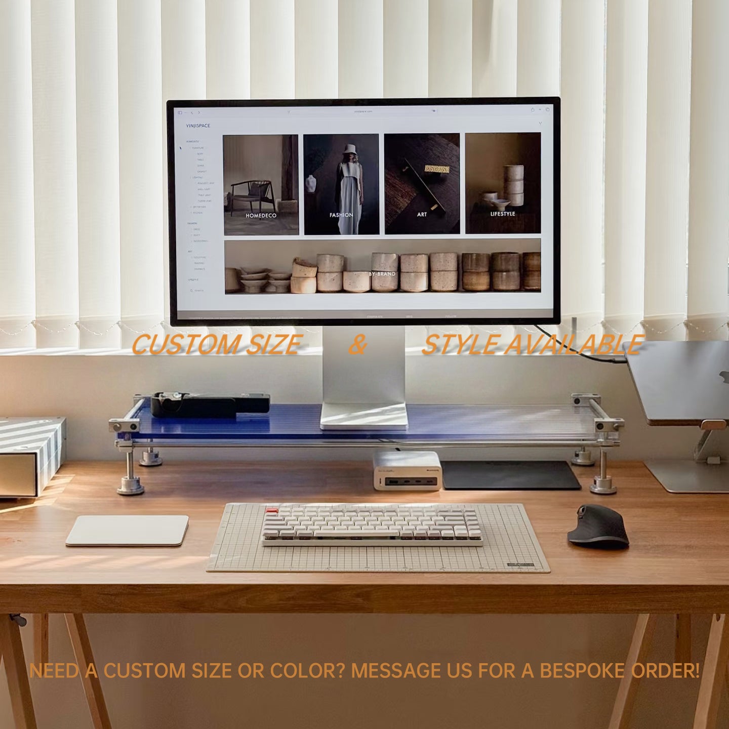HushLume custom size chrome plated carbon steel linear shaft desk shelf with acrylic monitor stand riser in a minimalist desk setup.
