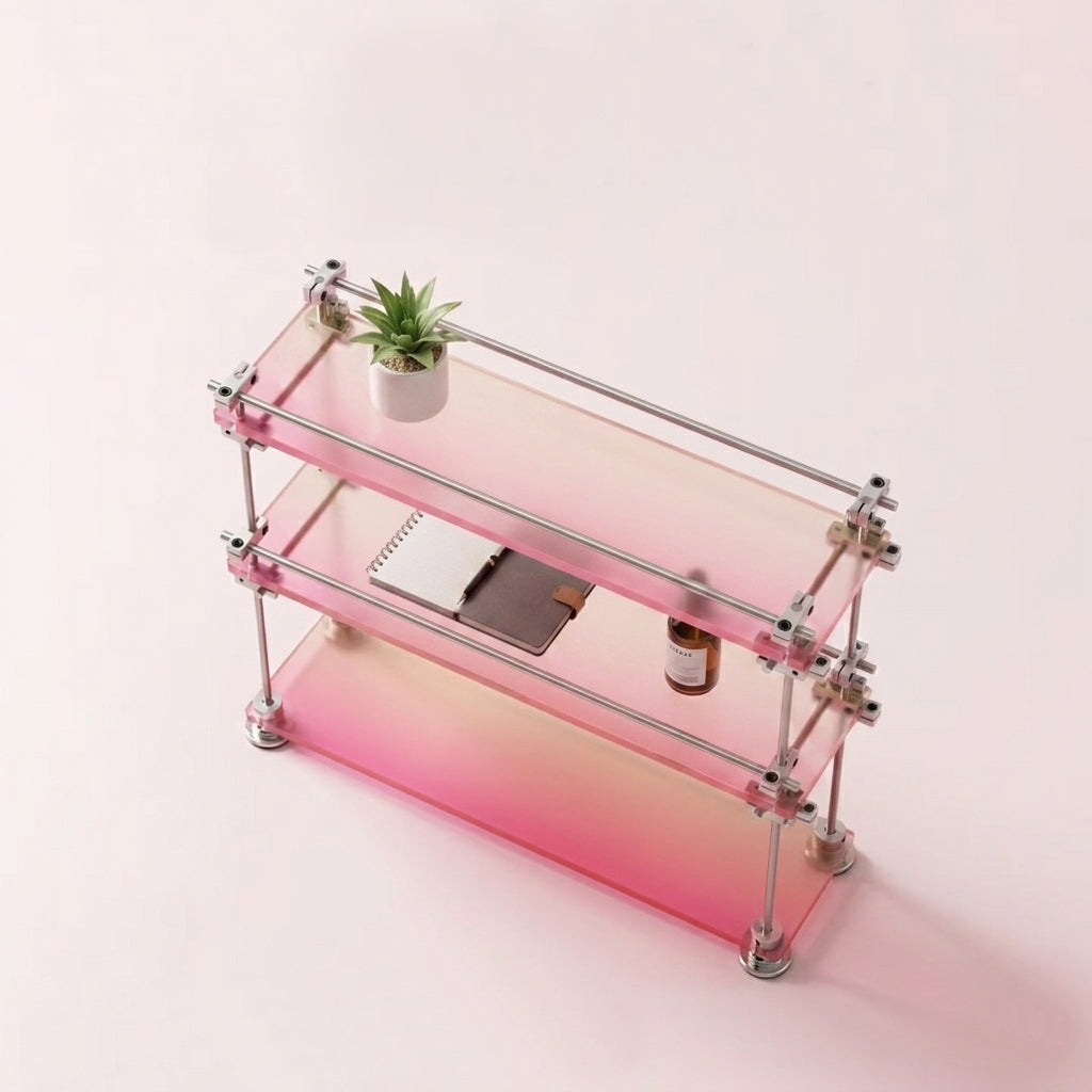 HushLume 3-tier chrome plated carbon steel linear shaft desktop storage shelf with gradient pink acrylic organizer rack.