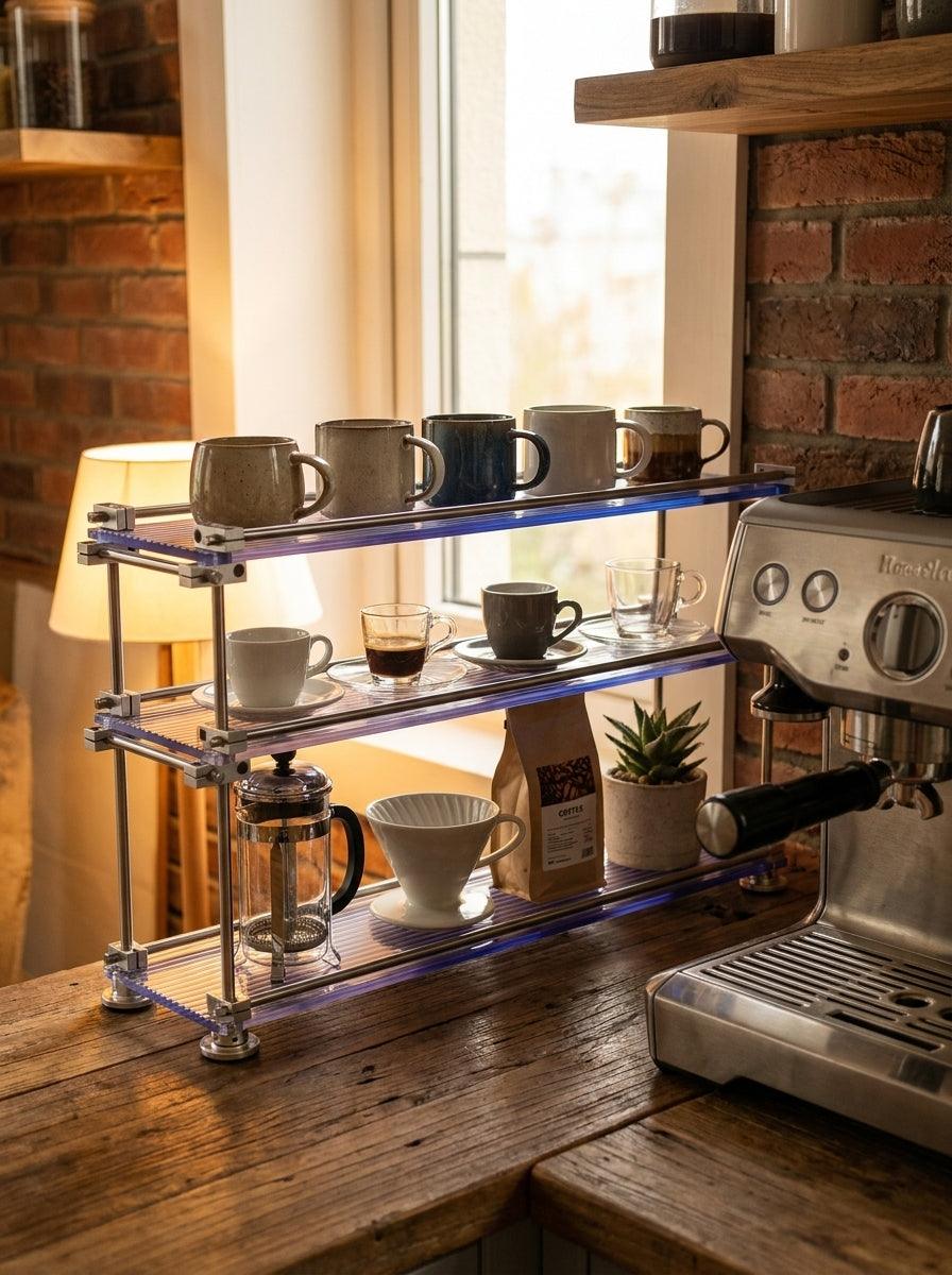 HushLume 3-tier chrome steel linear shaft storage shelf used as a coffee station organizer rack for mugs and espresso cups on a rustic wooden countertop.