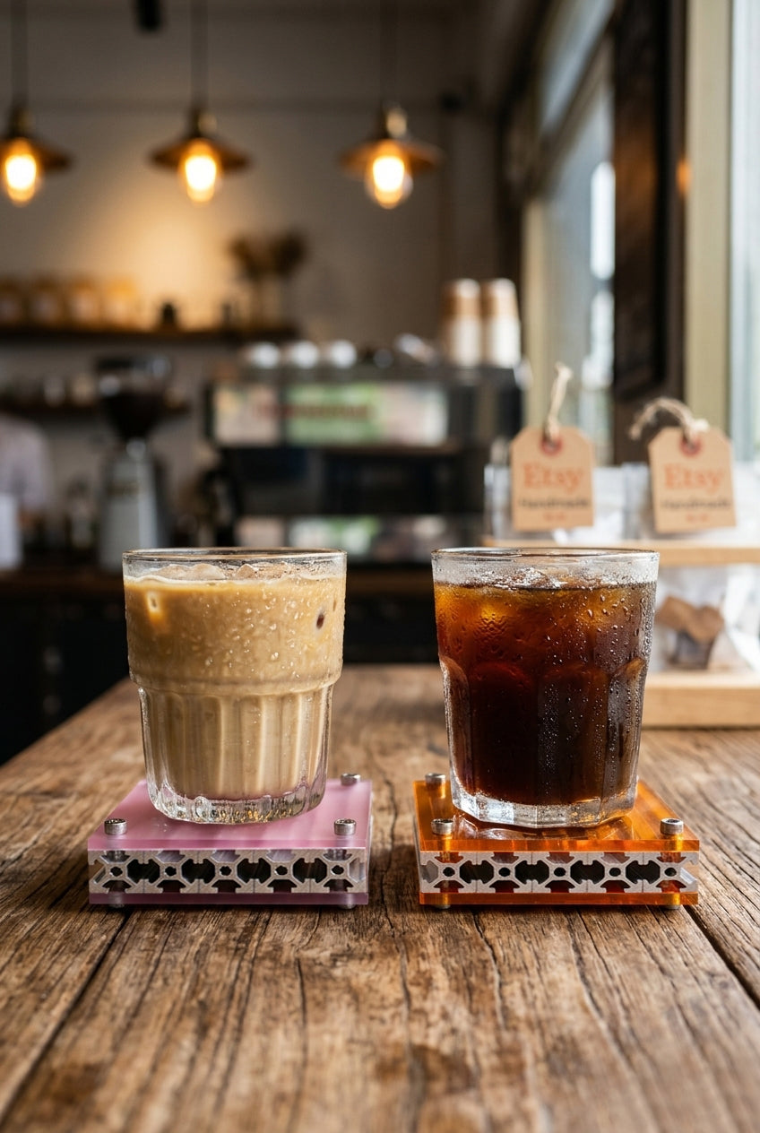 Lifestyle shot of HushLume 10x10cm industrial aluminum coasters with pink and amber orange acrylic plates, supporting iced coffee glasses on a rustic wooden cafe table.