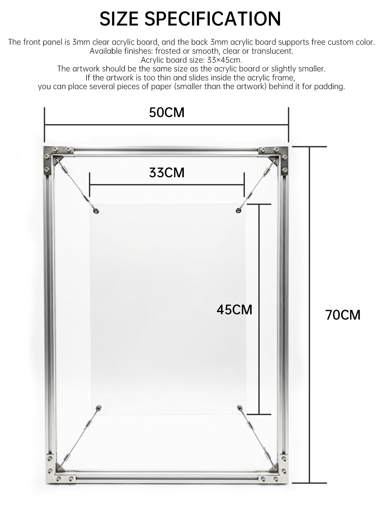 Size specification and dimension chart of HushLume 50x70cm industrial aluminum floating frame, detailing the 33x45cm customizable acrylic panel size.