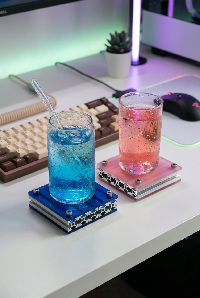 HushLume 10x10cm industrial coasters made with 2020 aluminum extrusions and dual 5mm custom colored acrylic plates, styled with iced drinks on a gaming desk.