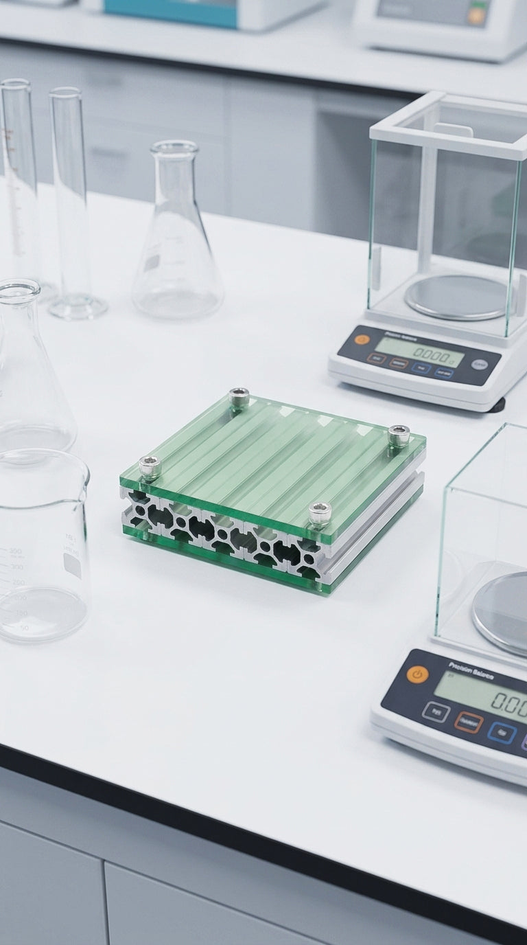 HushLume 10x10cm industrial aluminum coaster with translucent green acrylic plates, styled in a minimalist laboratory setup with science equipment.