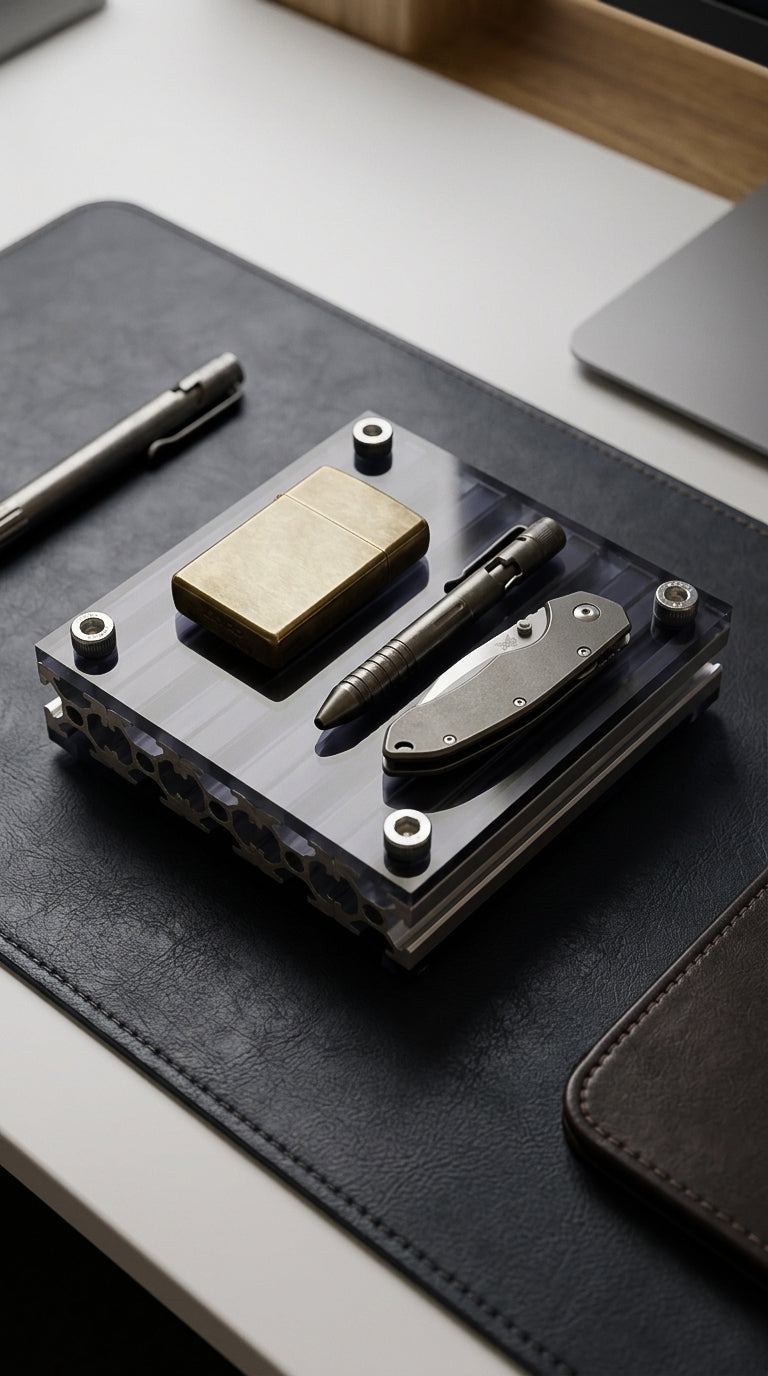 Lifestyle shot of HushLume 10x10cm industrial aluminum coaster used as an EDC valet tray, displaying a brass lighter, tactical pen, and folding knife on a leather desk mat.