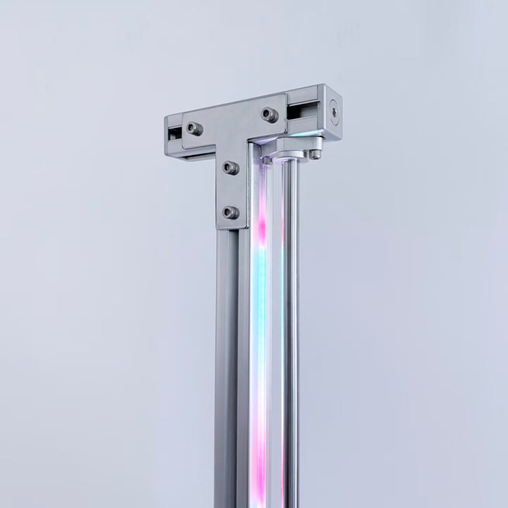 Close-up shot of HushLume industrial corner floor lamp made with 3030 aluminum extrusion, featuring a 1-meter 144-LED Bluetooth RGB light strip.