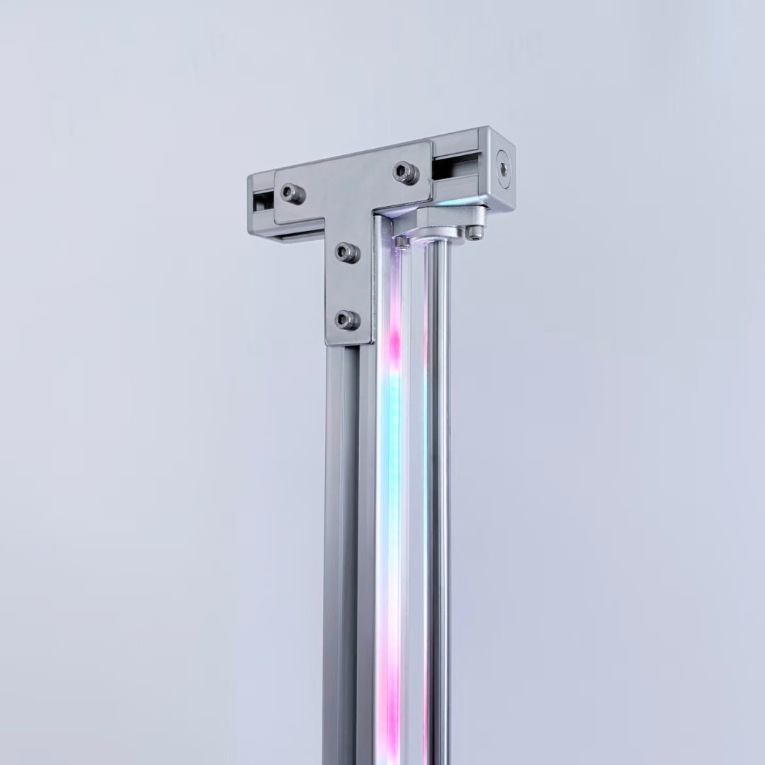 Close-up shot of HushLume industrial corner floor lamp made with 3030 aluminum extrusion, featuring a 1-meter 144-LED Bluetooth RGB light strip.