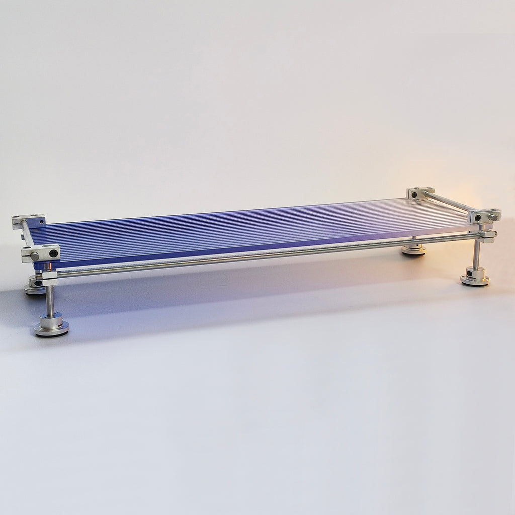 HushLume adjustable chrome steel linear shaft desk shelf with fluted gradient blue acrylic panel, minimalist studio shot on white background.