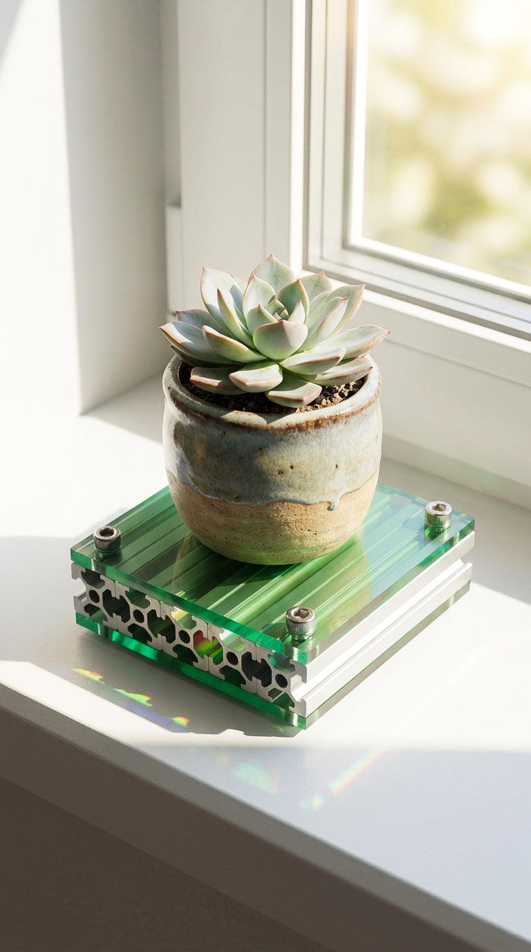 Lifestyle shot of HushLume 10x10cm industrial aluminum base used as a succulent plant riser with translucent green acrylic plates on a sunny windowsill.
