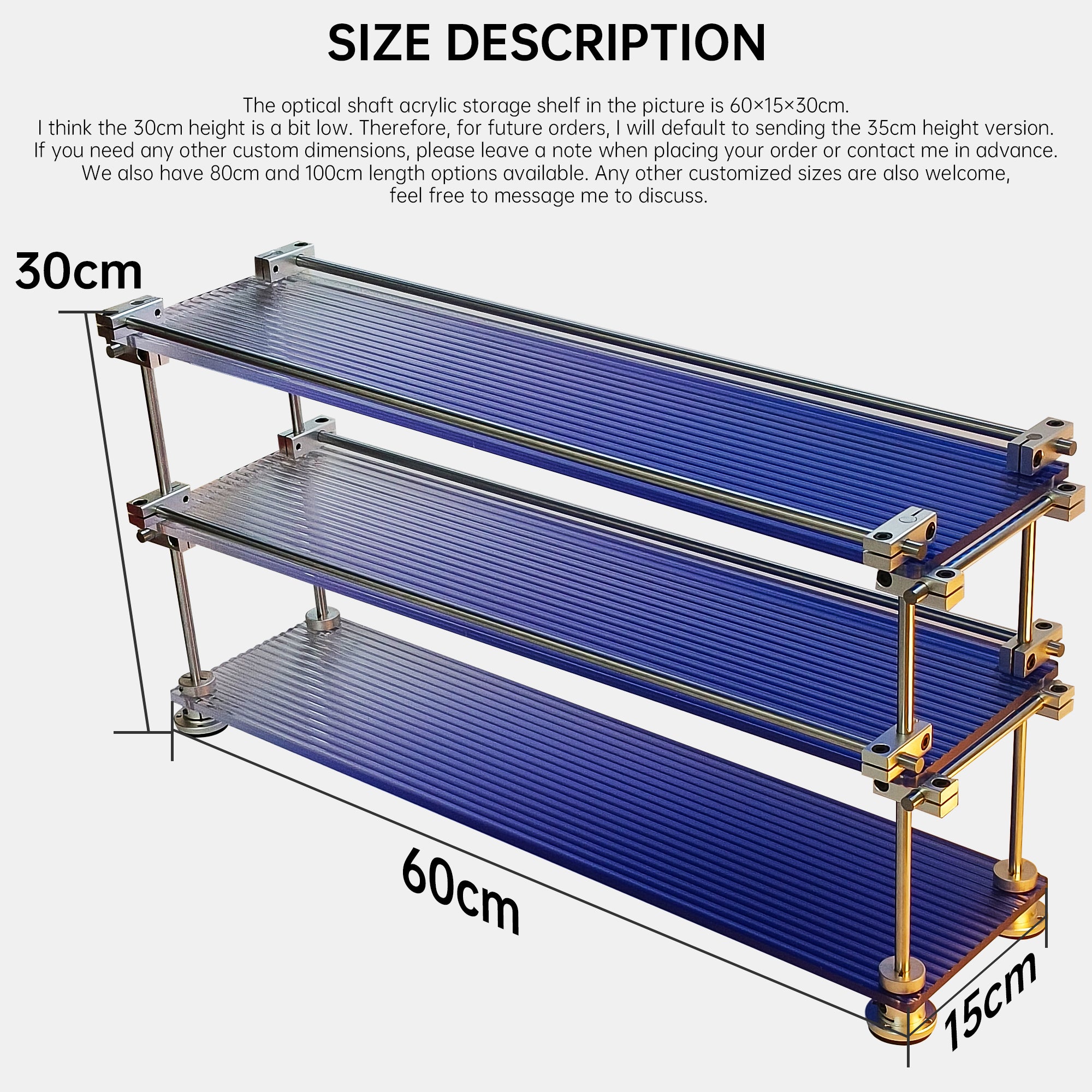 Size description of HushLume 3-tier chrome steel linear shaft desktop storage shelf, measuring 60x15x30cm with fluted blue acrylic panels.