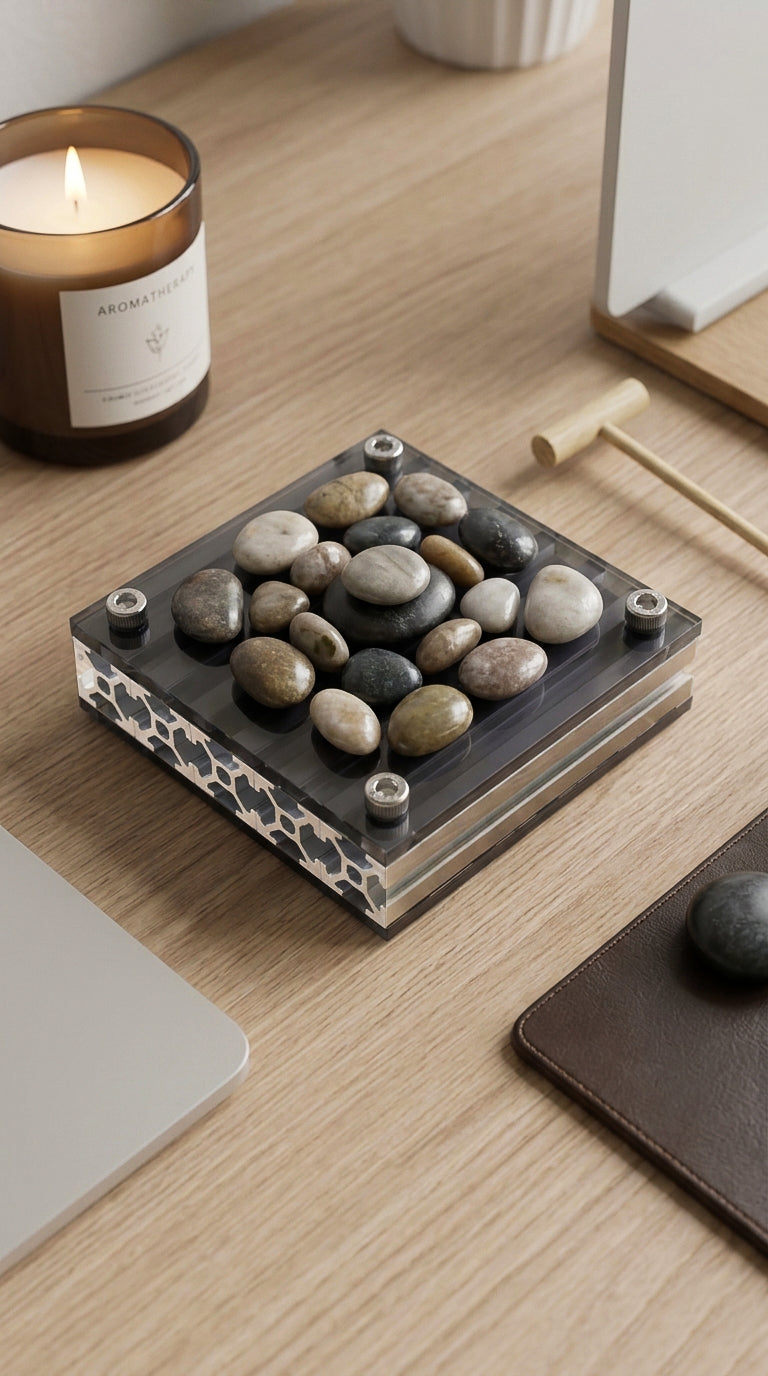 Lifestyle shot of HushLume 10x10cm industrial aluminum base used as a Zen river rock display tray, paired with an aromatherapy candle on a wooden desk.