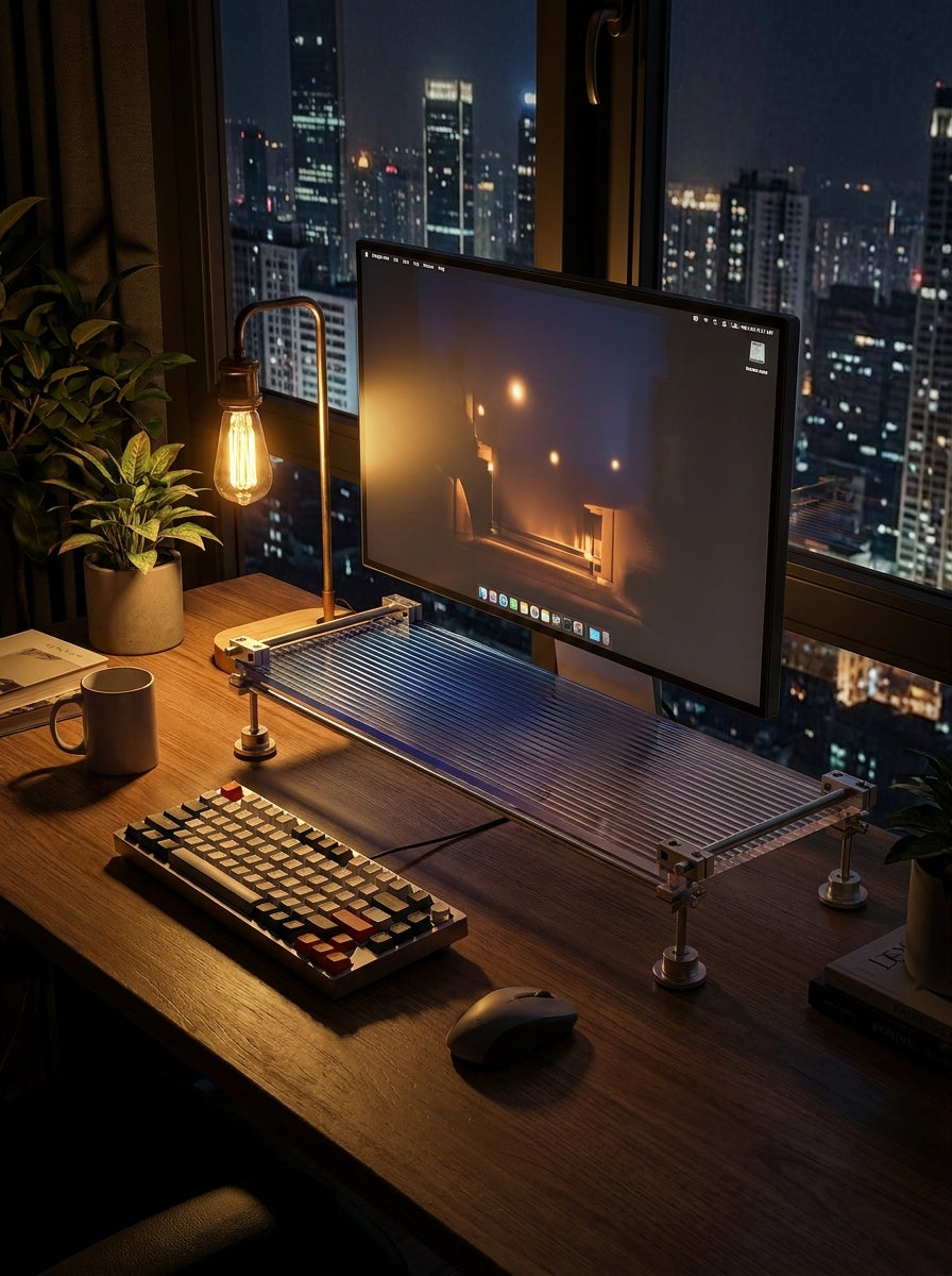 HushLume custom chrome plated carbon steel and acrylic monitor stand riser in a cozy nighttime desk setup with a city skyline view and vintage desk lamp.