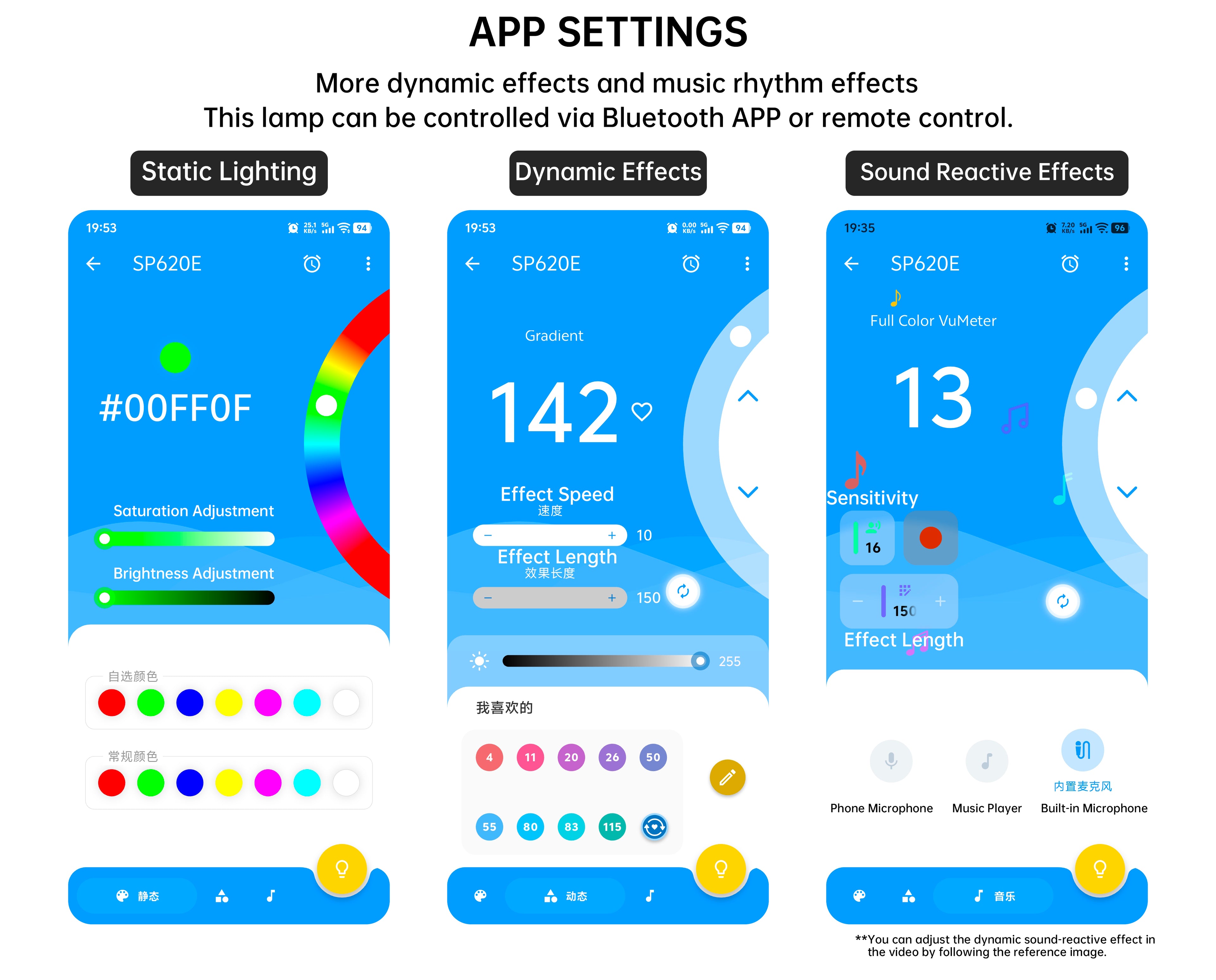 Bluetooth mobile smart app control settings interface for the HushLume RGB floor lamp, showing static lighting, dynamic effects, and sound reactive modes.