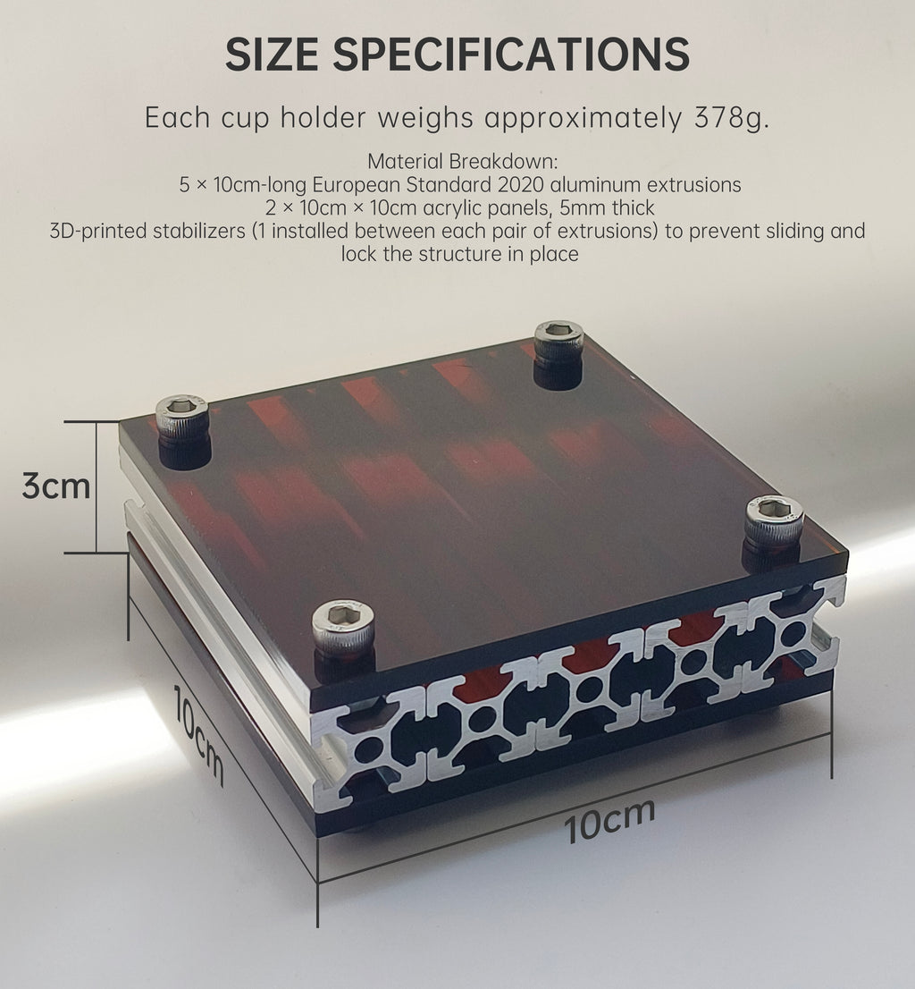 Size specifications chart of HushLume 10x10cm industrial aluminum coaster, weighing 378g with dual 5mm acrylic plates and 3D-printed stabilizers.