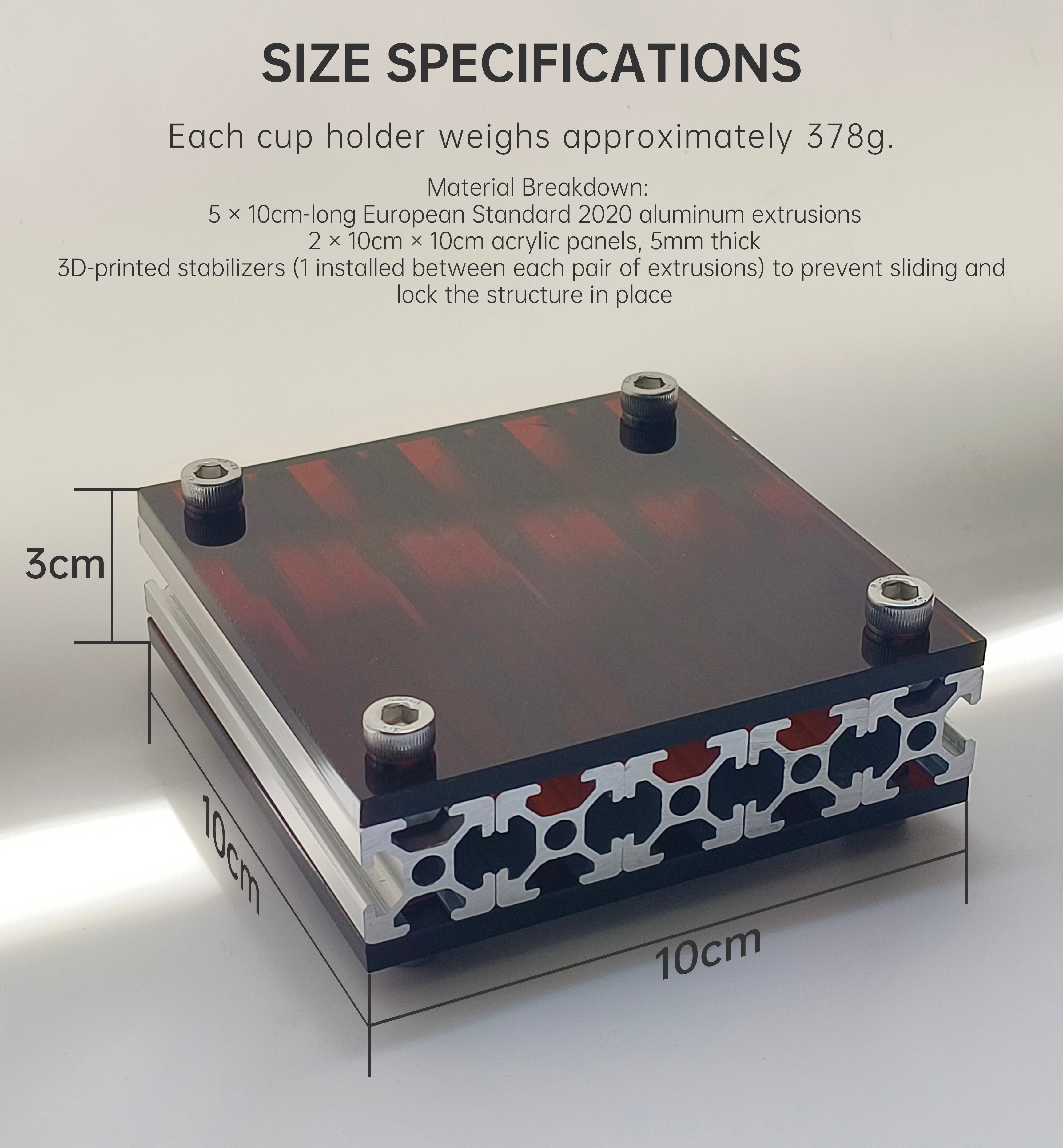 Size specifications chart of HushLume 10x10cm industrial aluminum coaster, weighing 378g with dual 5mm acrylic plates and 3D-printed stabilizers.