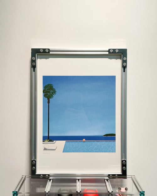 HushLume industrial picture frame made with 2020 aluminum extrusion and double-layer 3mm acrylic panels, displaying a modern art print.